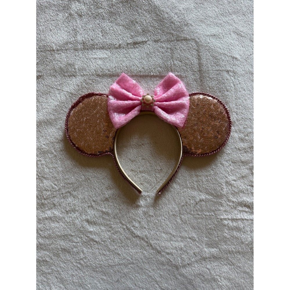 Pink Sequin Mouse Ears Headband Rose Gold Ears Bow Pearl Rhinestone - A1724